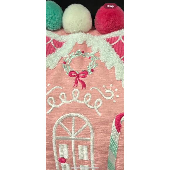 Pink Gingerbread House Pom Pom Pillow Whimsical Holiday Decor Cozy Accent Gift - Picture 2 of 3